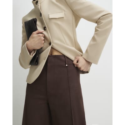 Brown Faux Suede Cropped Seam Front Trousers