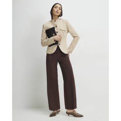 Brown Faux Suede Cropped Seam Front Trousers