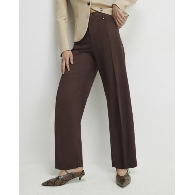 Brown Faux Suede Cropped Seam Front Trousers