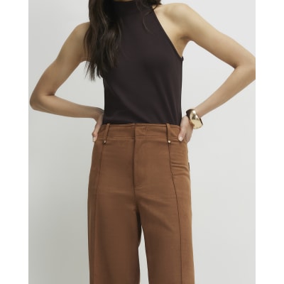 Brown Faux Suede Cropped Seam Front Trousers