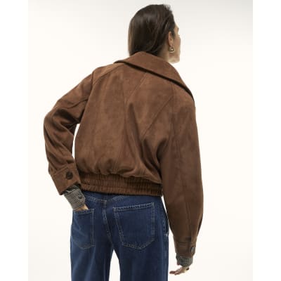 Brown Faux Suede Dropped Bomber Jacket