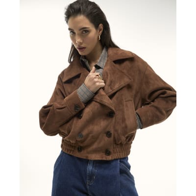 Brown Faux Suede Dropped Bomber Jacket