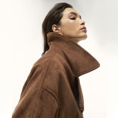 Brown Faux Suede Dropped Bomber Jacket