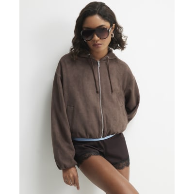 Brown Faux Suede Hooded Jacket
