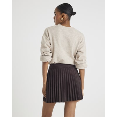 Brown Faux Suede Pleated Mini Skirt
