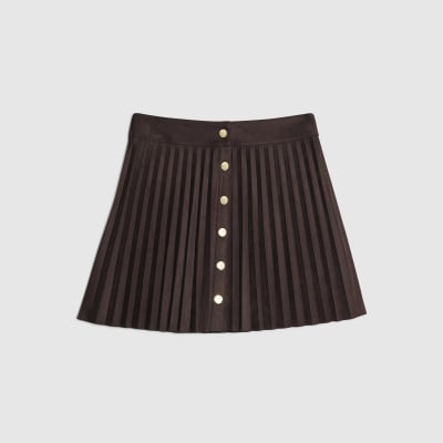 Brown Faux Suede Pleated Mini Skirt