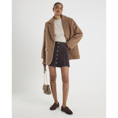 Brown Faux Suede Pleated Mini Skirt