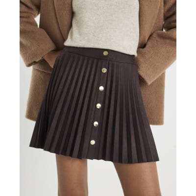 Brown Faux Suede Pleated Mini Skirt