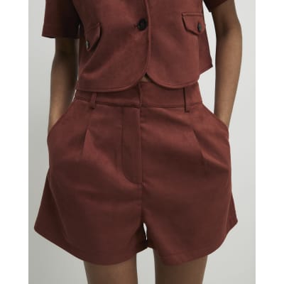Brown Faux Suede Pleated Shorts