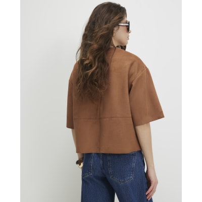 Brown Faux Suede Seam Detail T-Shirt
