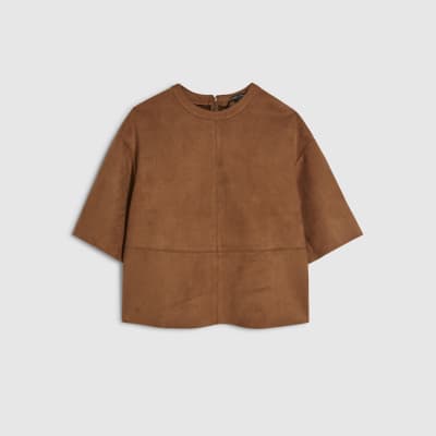 Brown Faux Suede Seam Detail T-Shirt