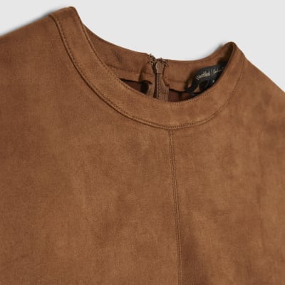 Brown Faux Suede Seam Detail T-Shirt