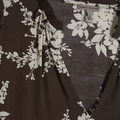 Brown Floral Print Short Sleeve Top