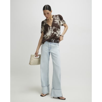 Brown Floral Print Short Sleeve Top