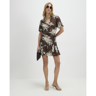 Brown Floral Shaped Mini Dress
