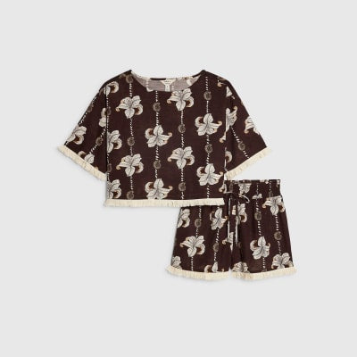 Brown Floral Shell Print Top And Shorts Set
