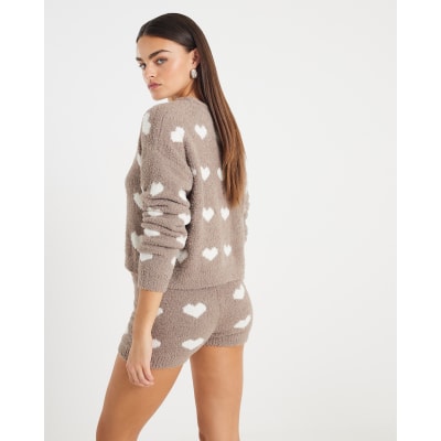 Brown Fluffy Heart Jumper Shorts Set
