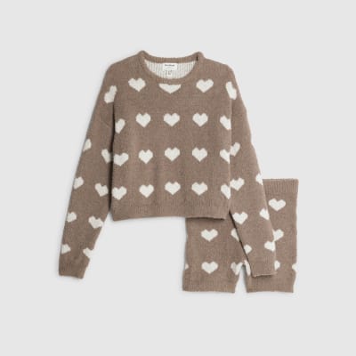 Brown Fluffy Heart Jumper Shorts Set