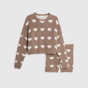 Brown Fluffy Heart Jumper Shorts Set