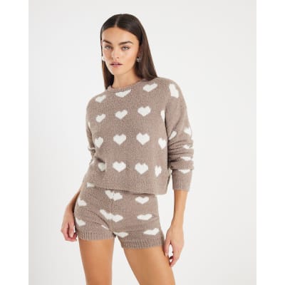 Brown Fluffy Heart Jumper Shorts Set