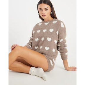 Brown Fluffy Heart Jumper Shorts Set