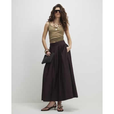 Brown Full A Line Midi Skirt