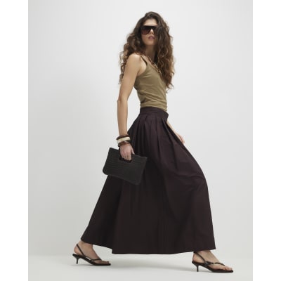 Brown Full A Line Midi Skirt