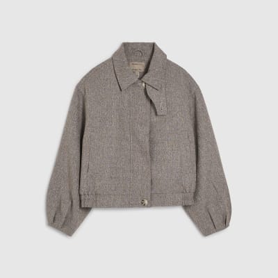 Brown Funnel Neck Bubble Hem Bomber Jacket