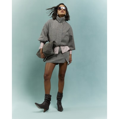Brown Funnel Neck Bubble Hem Bomber Jacket