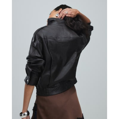 Brown Funnel Neck Leather Bomber Jacket