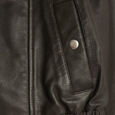 Brown Funnel Neck Leather Bomber Jacket