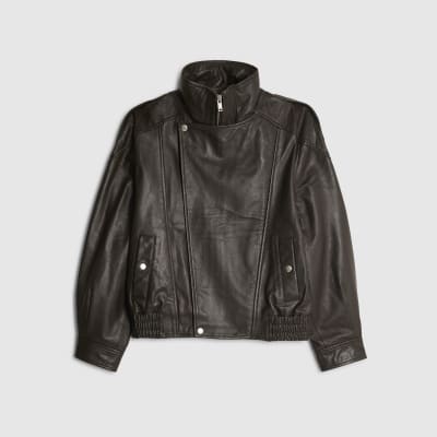 Brown Funnel Neck Leather Bomber Jacket