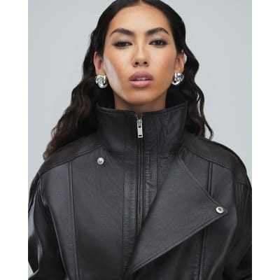 Brown Funnel Neck Leather Bomber Jacket