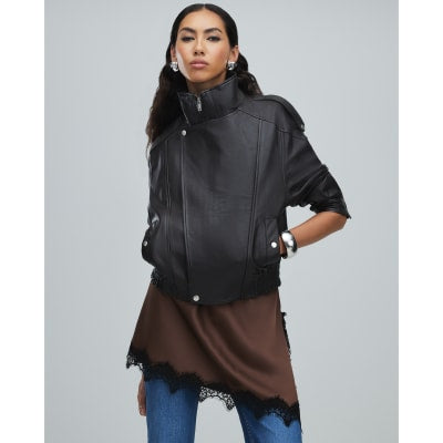 Brown Funnel Neck Leather Bomber Jacket