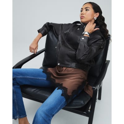 Brown Funnel Neck Leather Bomber Jacket