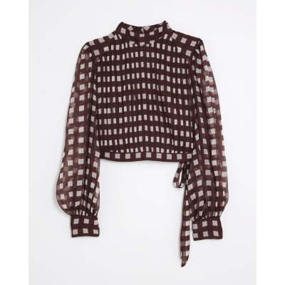 Brown Gingham Long Sleeve Crop Top
