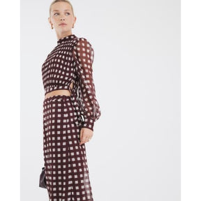 Brown Gingham Long Sleeve Crop Top