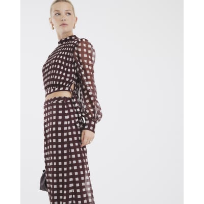 Brown Gingham Long Sleeve Crop Top