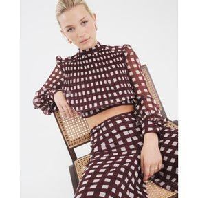 Brown Gingham Long Sleeve Crop Top