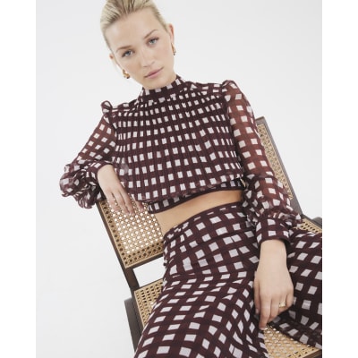 Brown Gingham Long Sleeve Crop Top