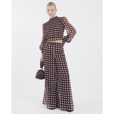 Brown Gingham Long Sleeve Crop Top
