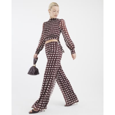 Brown Gingham Wide Leg Trousers