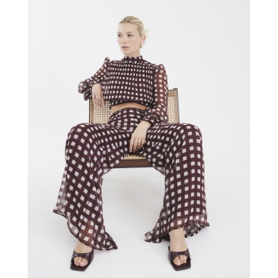 Brown Gingham Wide Leg Trousers
