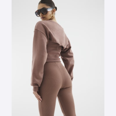 Brown High Waisted Ribbed Flare Leggings