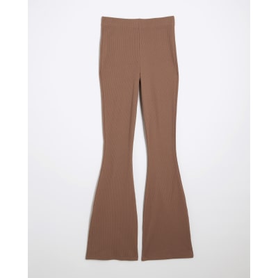 Brown High Waisted Ribbed Flare Leggings