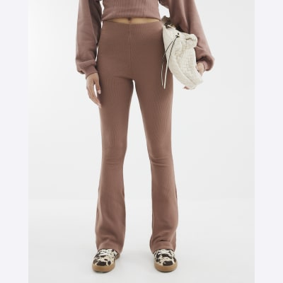Brown High Waisted Ribbed Flare Leggings