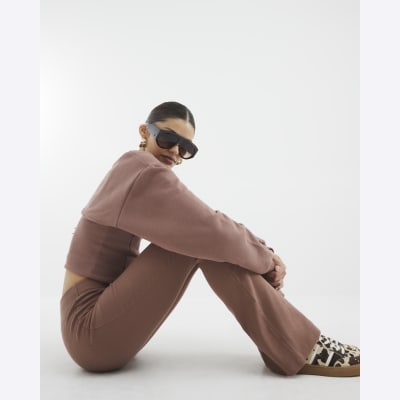 Brown High Waisted Ribbed Flare Leggings