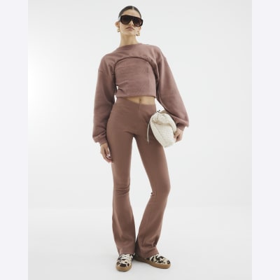 Brown High Waisted Ribbed Flare Leggings