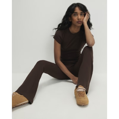 Brown High Waisted Ribbed Flare Leggings