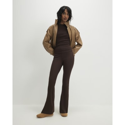 Brown High Waisted Ribbed Flare Leggings